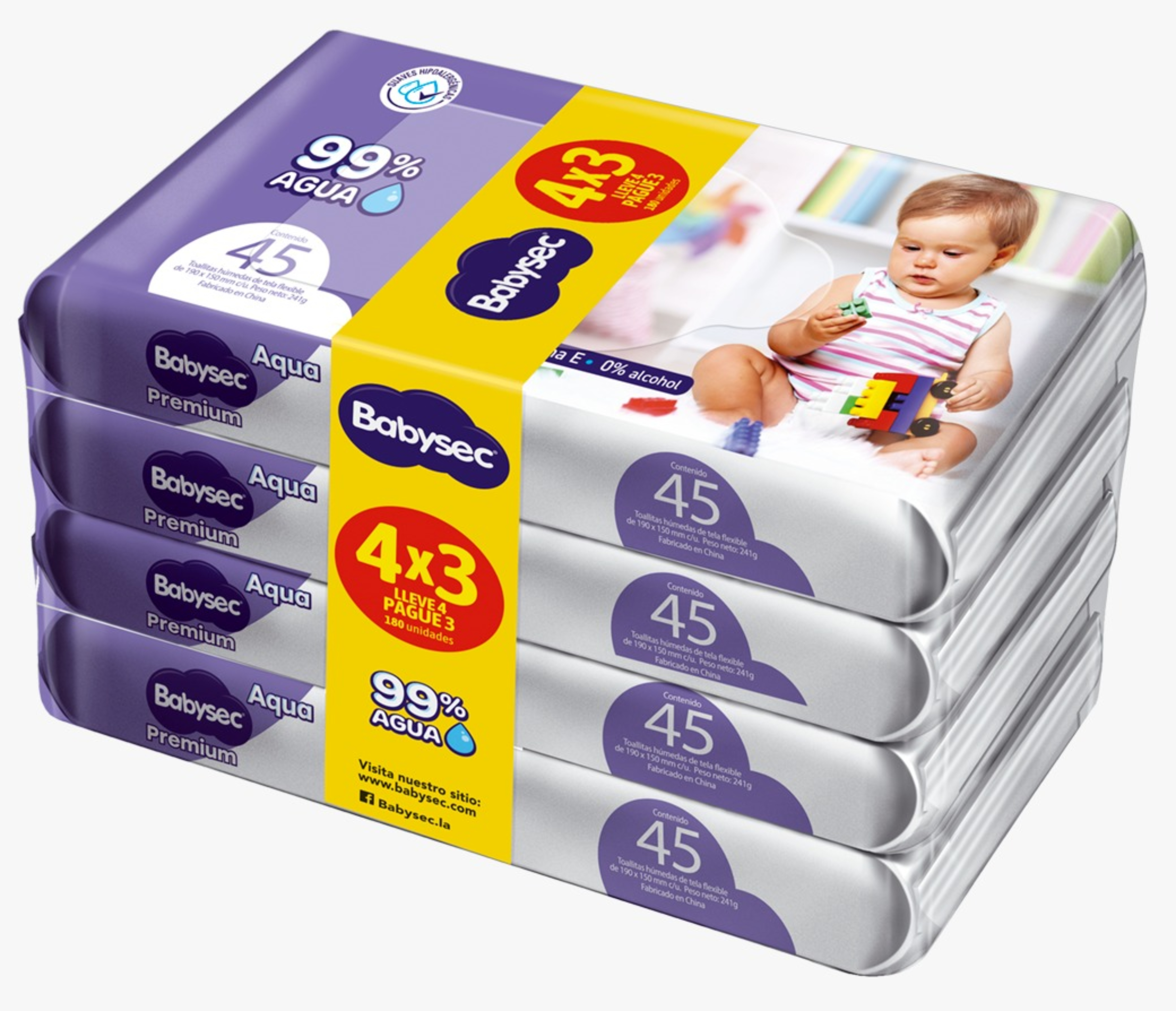 Babysec premium toallas humedas Agua x 180 unidades